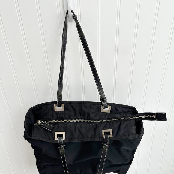 Prada Tessuto Nylon Black Tote Shoulder Shopper Bag Logo Triangle Purse Zip Top - Picture 6 of 10